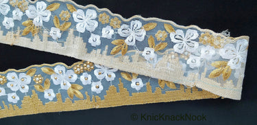 White Tissue Fabric Trim With Embroidered White & Gold Embroidery, Embellished With Beads, Brasso Trim